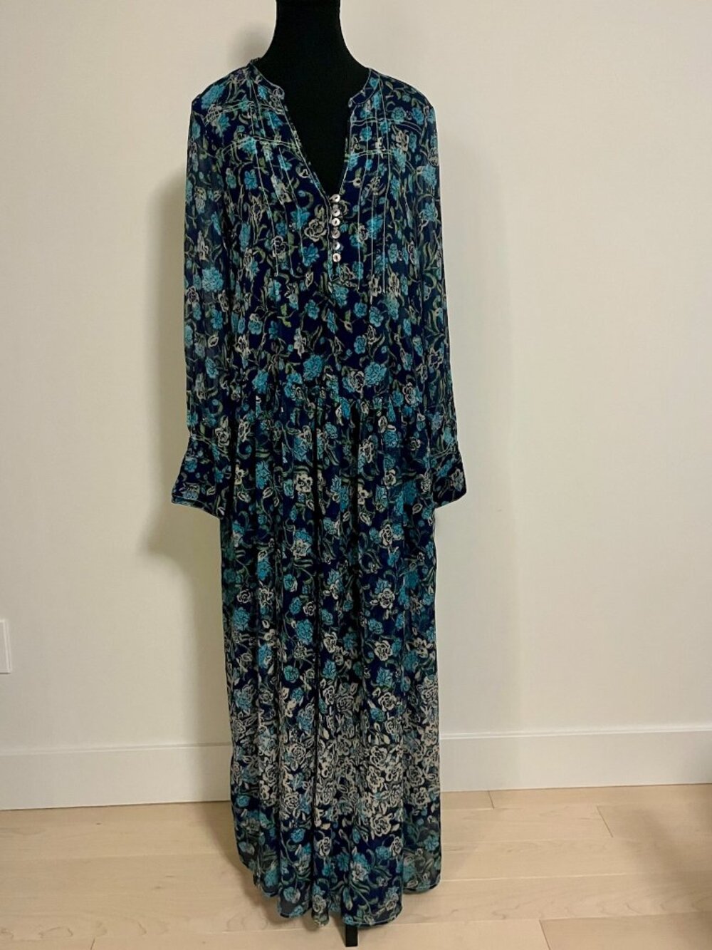 #23 Free People Blue with Green Flowers Long Sleeve Dress